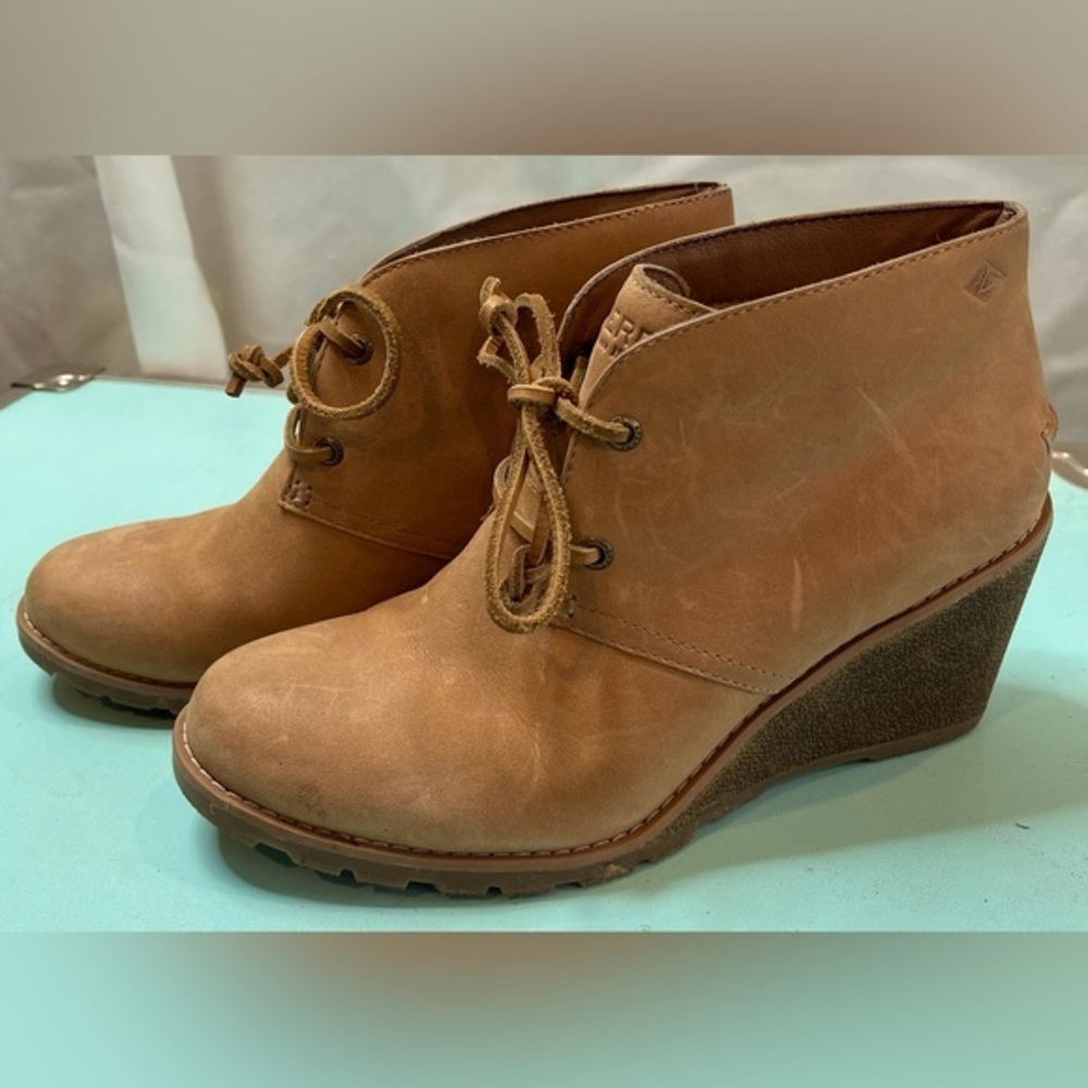 Sperry Boots Womens 7.5M Celeste‎ Prow Ankle Booties Tan Leather Wedge STS80147
